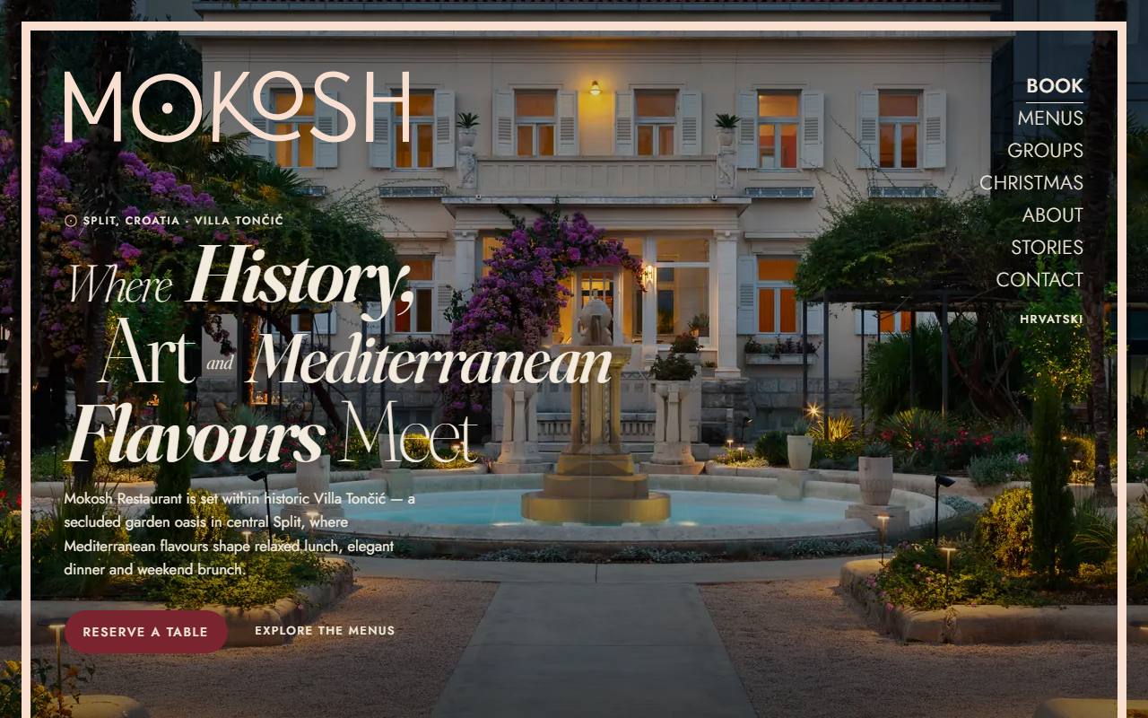 The MOKOSH home page: the villa garden at night, with the headline "Where History, Art and Mediterranean Flavours Meet".